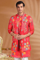 Red Silk Floral Printed Jacket Kurta Set